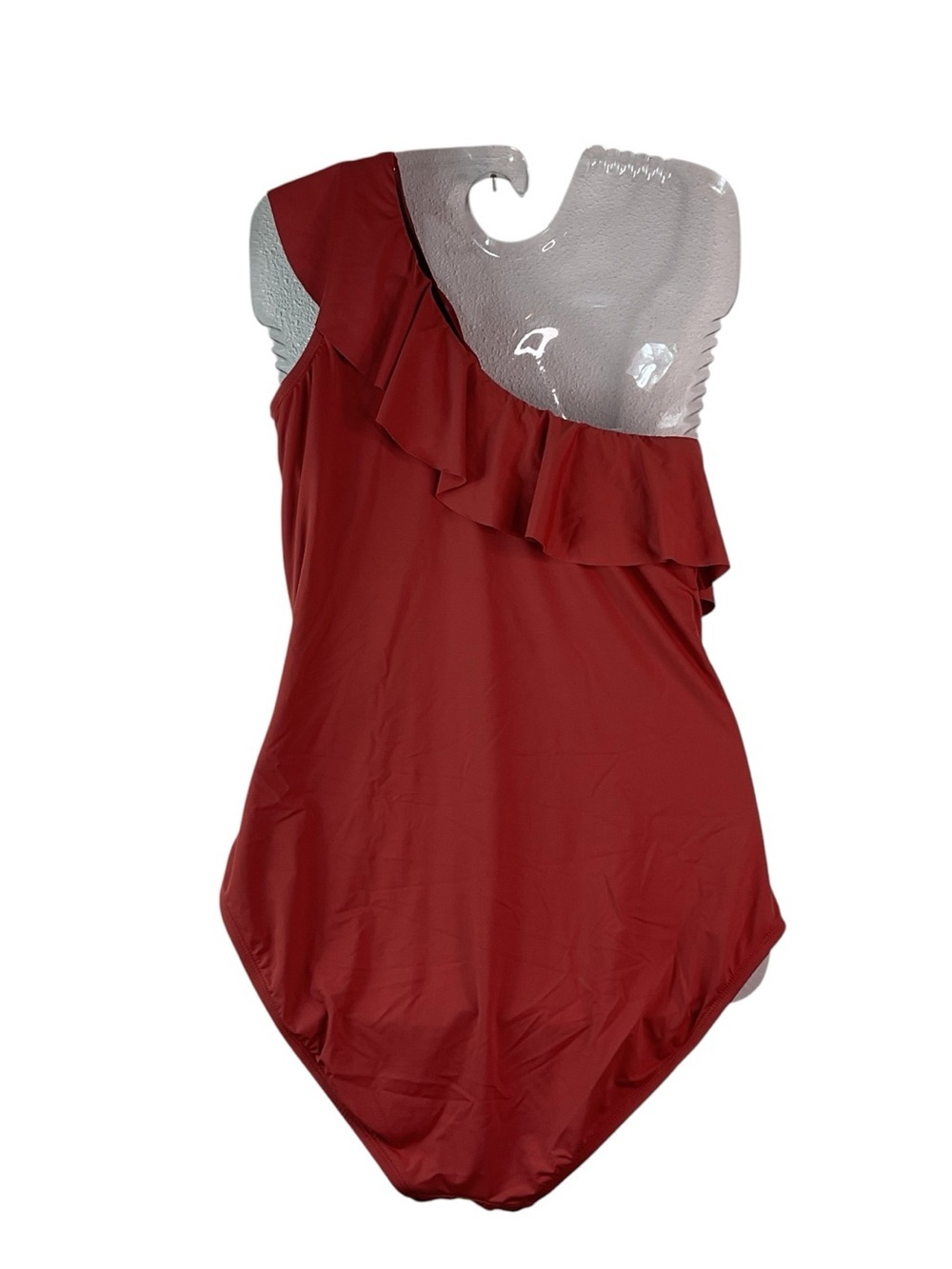 Asymmetric Ruffle One-Shoulder Swimsuit in Rust - Picture 3 of 7
